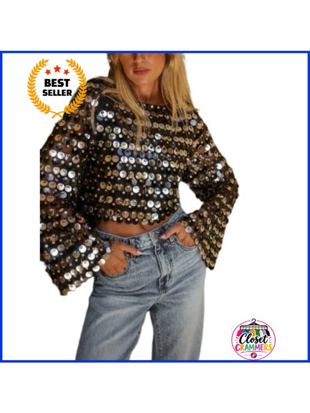 Y2K Sequin Floral Long Sleeve Mesh Top Crew Neck Irregular Hem Clubwear Blouse